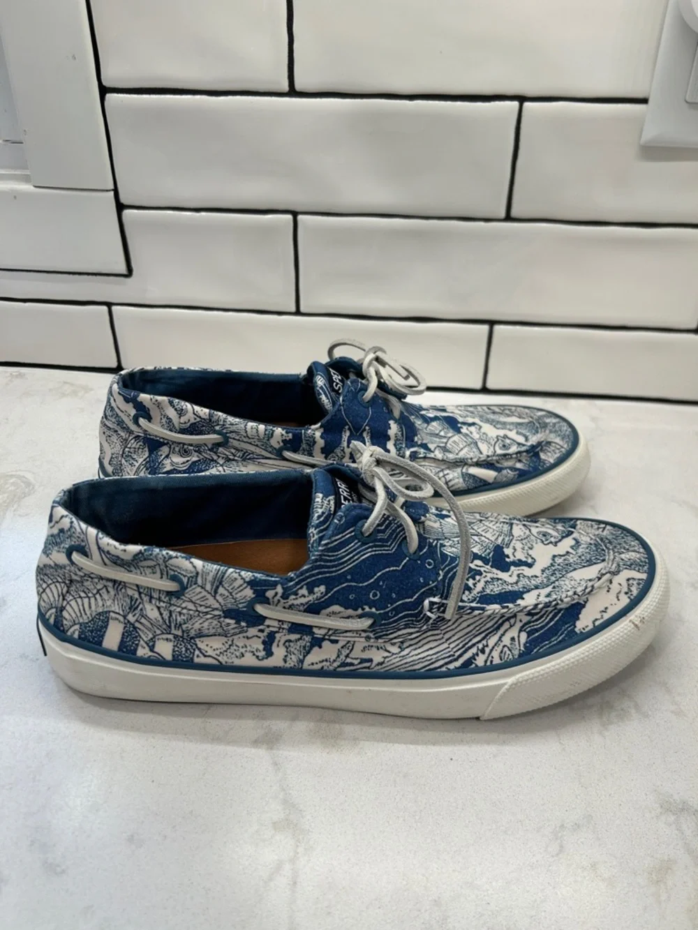 Sperry Top-Sider | Men 10.5 | Blue & White Bahama Coral Print Boat Shoes Slip-On